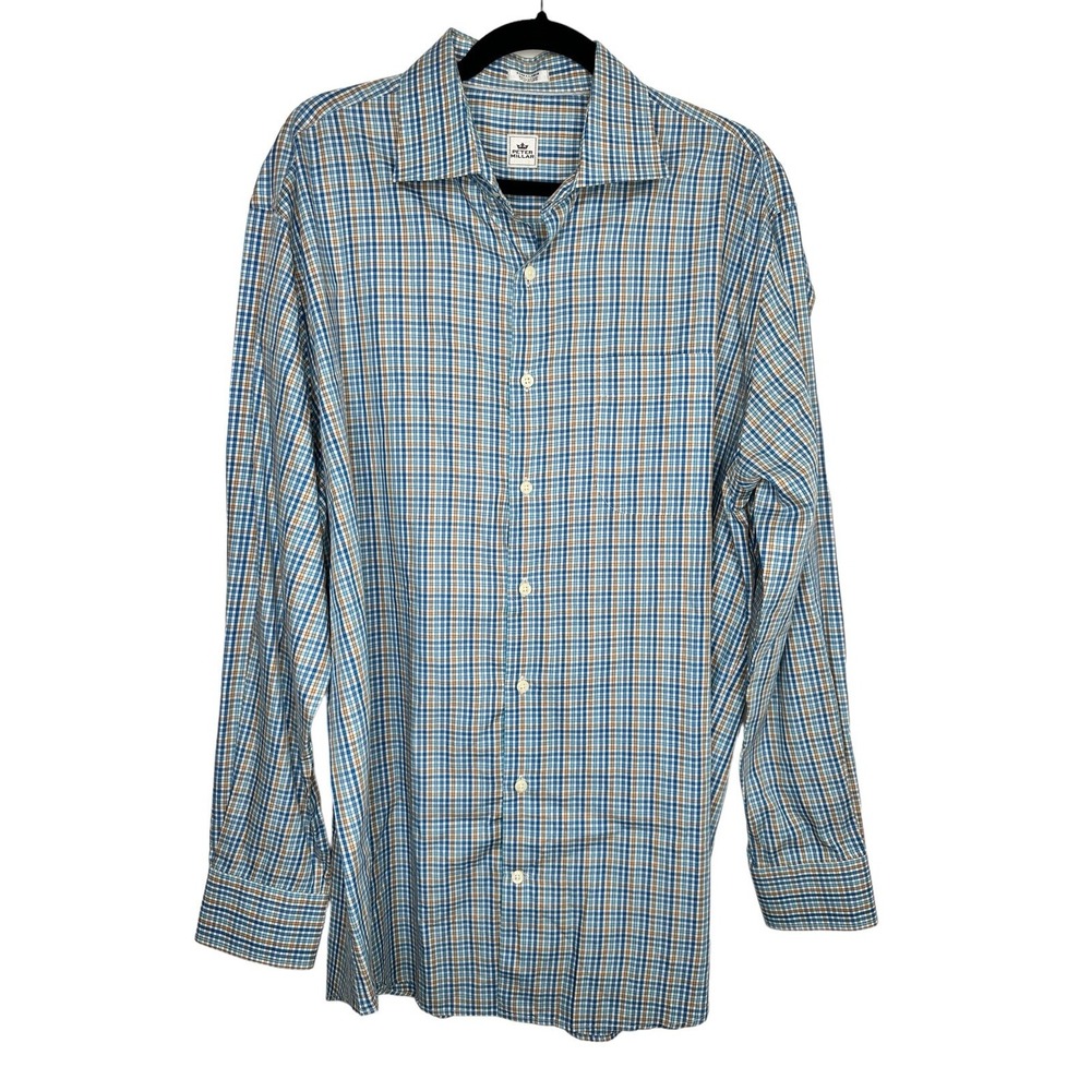 Peter Millar Button Down Shirt XL Blue Tan Plaid Cotton Long Sleeve Mens Classic